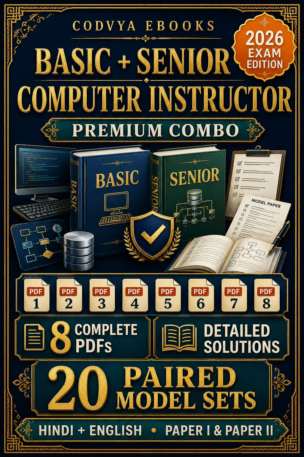 Rajasthan Basic and Senior Computer Instructor Premium Combo 2026 eBook cover with 8 PDFs, detailed solutions and 20 paired model sets